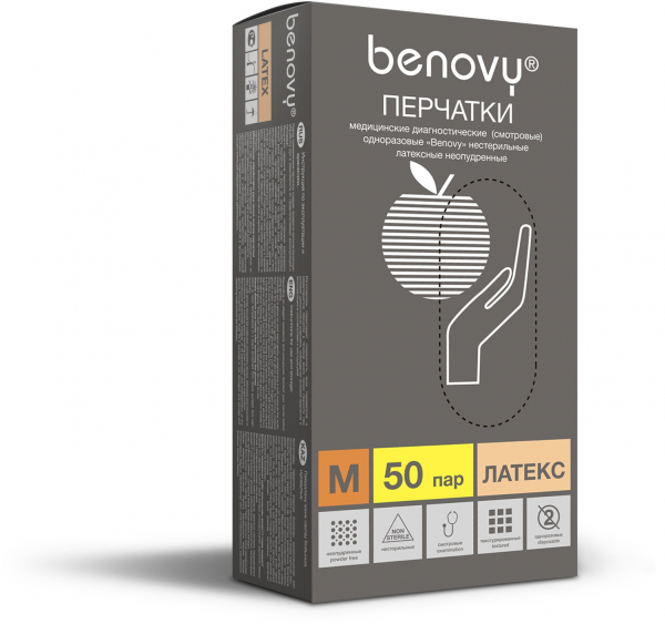Перчатки диагностические латексные, неопудренные, "Benovy"